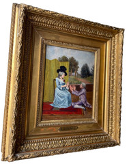 19th C. Victorian Painting Signed – Portrait Lady & Pretender – Antique Frame