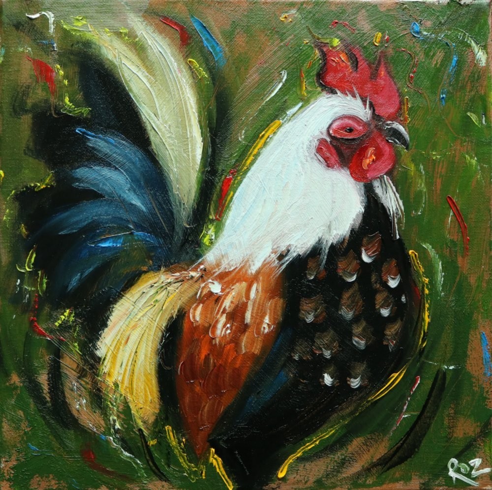 Rooster #1046 – 12×12″ original oil painting by Roz