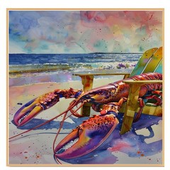 Watercolor Painting of a Lobster Relaxing in a Beach Chair by the Ocean Shore