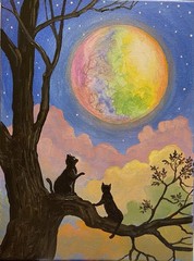 ACEO PRINT OF PAINTING RYTA HALLOWEEN BLACK CAT WITCH AUTUMN FOLK ART Rainbow 🎃