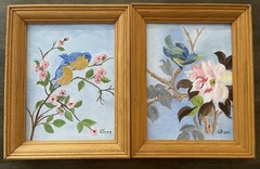 Two Framed Hand Painted Blue Birds And Pink Flowers, Light Brown Frame
