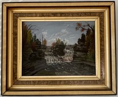 ANTIQUE 19TH C LANDSCAPE WATERFALL IMPRESSIONIST OIL PAINTING OLD HUDSON RIVER