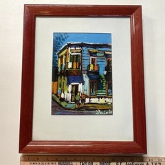 Framed Art Painting Print City Scene Houses Signed