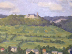 Oil painting village with church in front of hilly landscape with castle