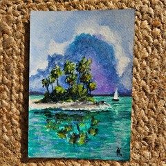 Beach Island Painting Tropical Seascape Palm Trees Ocean Landscape Art Postcard