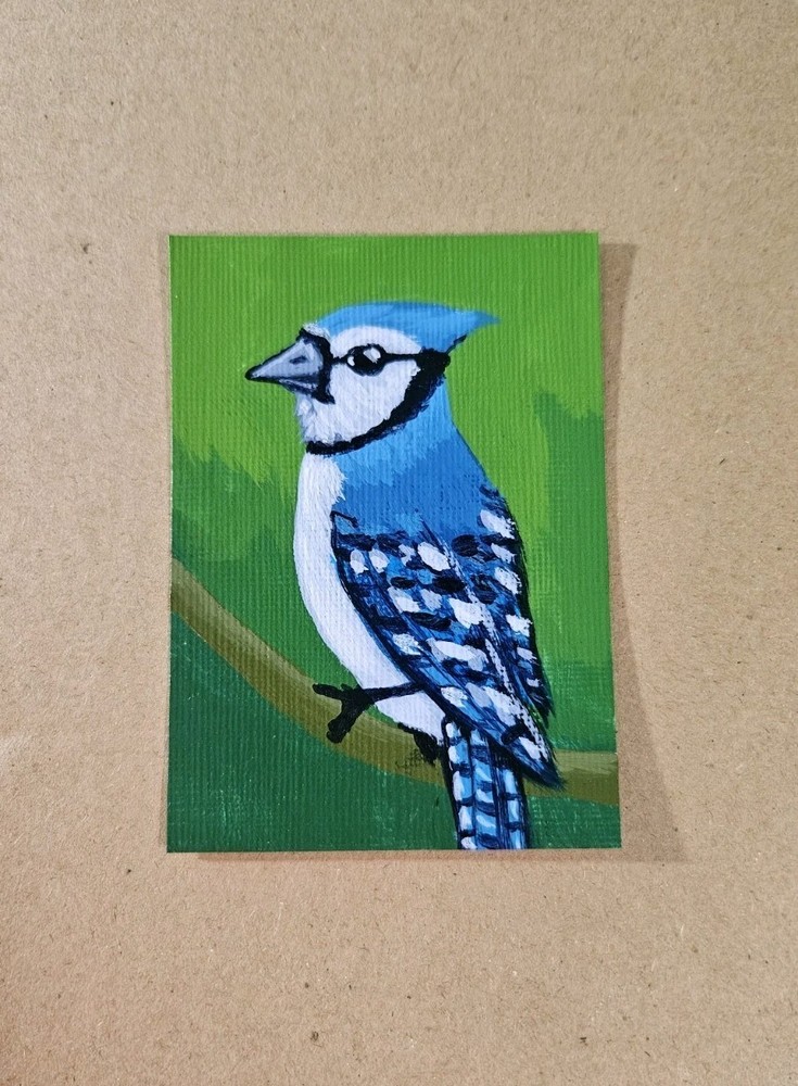 ACEO Blue Jay Mini Painting Original Blue Bird Acrylic Artwork Signed Art