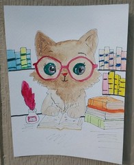 ORIGINAL CAT Library glasses Painting Whimsical Animals Signed 8×6 Art – GAT