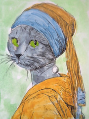 ACEO CAT WITH A PEARL EARRING Painting ART