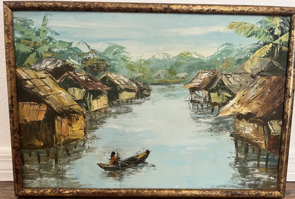 Vietnamese Burmese Thai MCM Oil Painting of Village Vibrant Signed HM 65 Vietnam