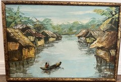 Vietnamese Burmese Thai MCM Oil Painting of Village Vibrant Signed HM 65 Vietnam