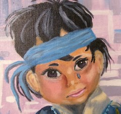 VTG SAD BIG EYED INDIAN BOY PAINTING OIL CANVAS 9X12 J.G. BULL 60S GRUMBACHER