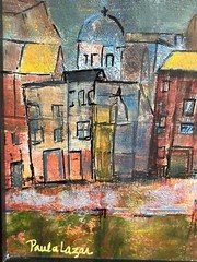 Paula Metcalf Lazar Original Painting Town City Scene Framed in Black Frame