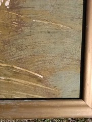 HUGE 47X32″ Mid-century BATIK PAINTING Farming/Country/ Gardening/Nature Scene