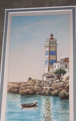 Vintage Lighthouse Ocean Boat Watercolor Signed Frame 14 7/8” Tall x 11”W Framed