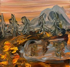 Vibrant Sunset Lake Oil Painting Impasto Orange Brown Evening Landscape Abstract