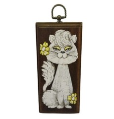 VTG Gloria De Biasi Cat Painting On Wood Wall Decor Yellow Flowers Signed