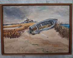 Original Signed Painting Acrylic Ocean Seagrass Sand Boat House Moody Beach 2016