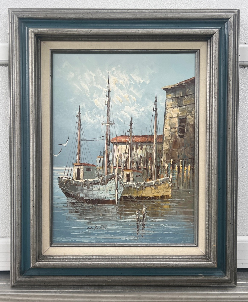 Original Oil Painting Art Fishing Boats Northern Harbor Seascape Signed W. Jones