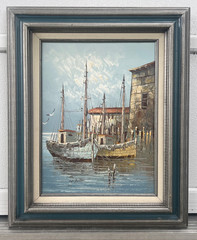 Original Oil Painting Art Fishing Boats Northern Harbor Seascape Signed W. Jones