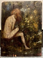 c.1900 Fin-de-Siècle Symbolist Oil Painting on Panel Melancholic Maiden Red Hair
