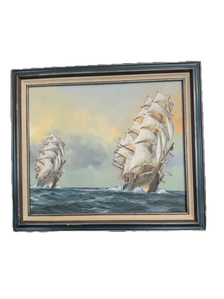 Vintage Oil Painting Sailing Ships Seascape 20×24 Framed Nautical Wall Art
