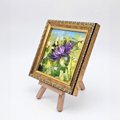 Bumblebee Thistle Oil Painting Floral Nature Framed Original Art 4×4 Decor