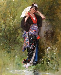 Antique Painting Philippe Linder Woman Japan Garden Flowers Kimono Japonisme