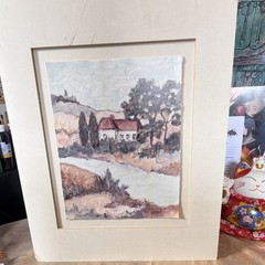 Landscape Houses Painting on Paper, Matted Illustration Art Single Piece
