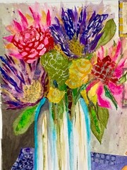 Turquoise Vase – Watercolor and Collage, Original Painting Still Life