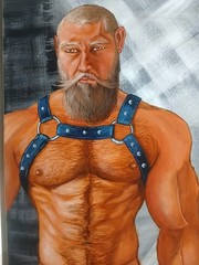 NUDE MALE Painting. Leather Harness Hairy Male Art. Painting of Nude Male