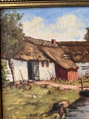 Antique Swedish Skane Farmhouse Oil Painting Signed Sorenson 17.5”x 21.5”