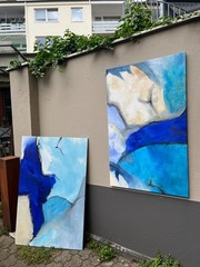 Acrylic picture pigments orig sign art ZM abstract blue beige 135×85 ready to hang