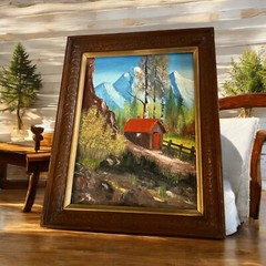Oil Painting Picture Cabin in the Woods Mountains Rustic Wood Frame VTG Nature