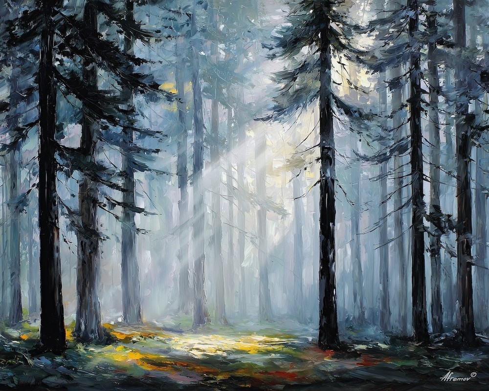 Leonid Afremov LIGHT THROUGH THE MISTY PINES 30″x24″ LIMITED EDITION GICLEE