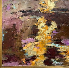 ABSTRACT MODERNIST LANDSCAPE PAINTING W/ GOLD LEAF SIGNED DIANA MULDER? 24″