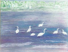 White Swans on Lake at Dusk 11×14 Original Acrylic Painting Coastal Art