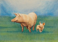 Bart O’Farrell (1941-2017) – 1987 Watercolour, Strolling Pigs