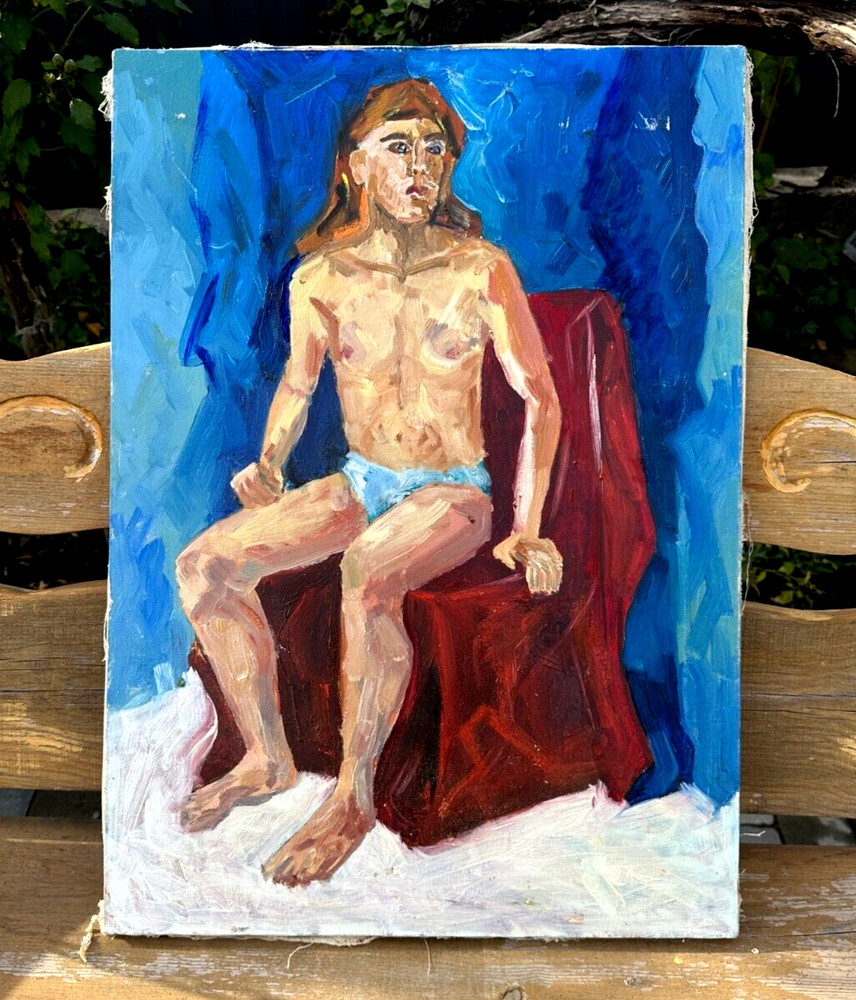 Handmade oil painting boy Ukrainian vintage 1960s Length 27inch Width19