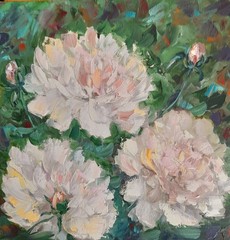 peonies original oil painting, white peonies wall art, square flower painting