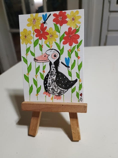 ACEO Original Watercolor painting Whimsical Garden Duck by Artist Marykay Bond
