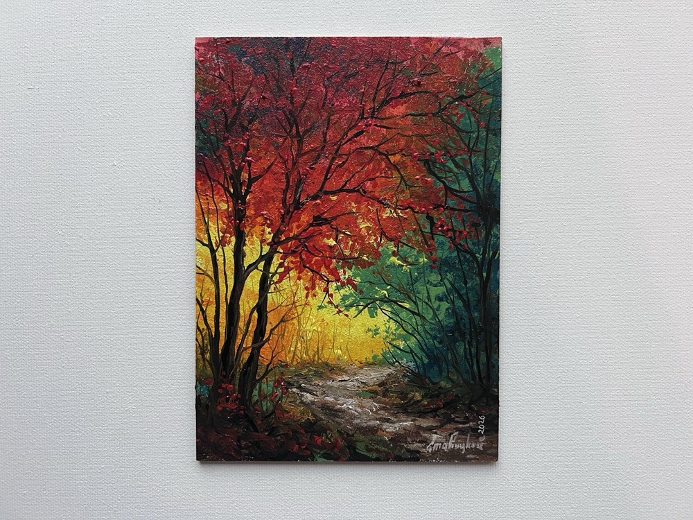 Original Autumn Forest Oil Painting, Path Landscape Oil Art, Red Tree Wall Decor