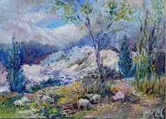 Painting „Grazing Sheep“. Oil on hardboard. 5×7 inc. Handmade. 2026. Unframed.