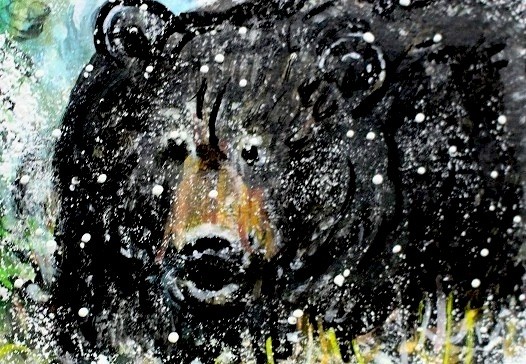 ORIGINAL ACEO Painting Black BEAR Autumn Landscape Trees Nature Animal ATC ART