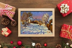 original oil painting,snow art,winter village Landscape.Scene with children
