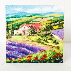 Original Impasto Artwork 8×8 Italy Painting Tuscany Landscape Lavender Wall Art