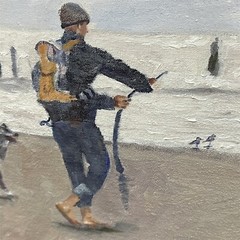 Nina Fritz Framed Original Painting Man Baby Dog on Beach Oil Canvas Board