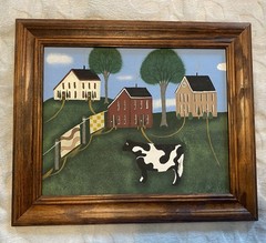 Original Folk Art Cow Painting Framed Primitive Country Farmhouse Americana
