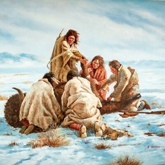 Grandpa Vintage ALASKA Eskimo Hunting Wildlife Scene Oil Painting 36″W x 24″L