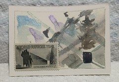Postal Whimsy Refugee Year OOAK Abstract ACEO 4¢ Stamp by Virginia Watercolor