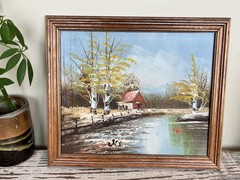 Vintage Red Barn Cabin Along The River Outdoor Landscape Scene River Aspens 11”